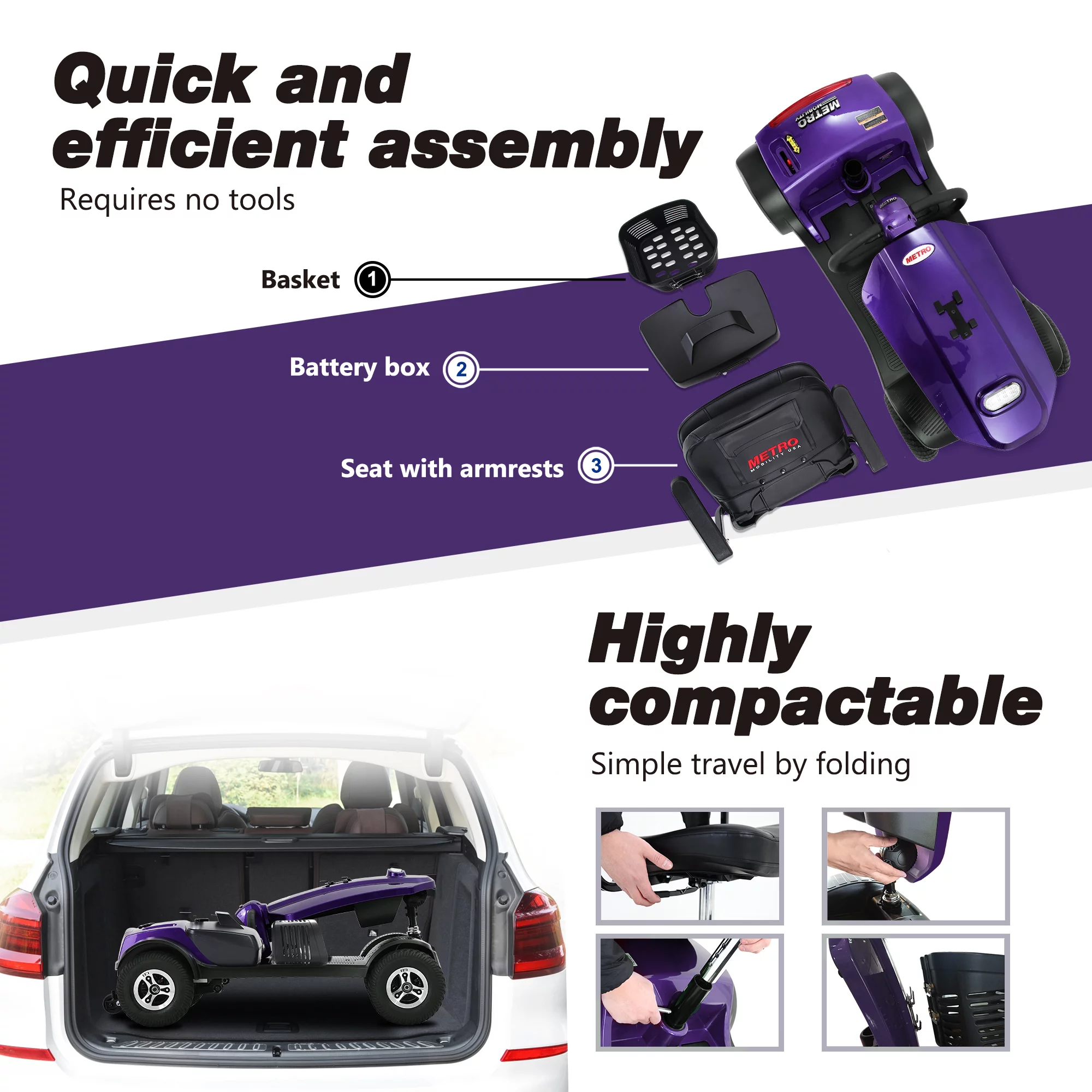 Metro Mobility Senior Scooter Folding Scooter 4 Wheel Scooter with USB Port Purple