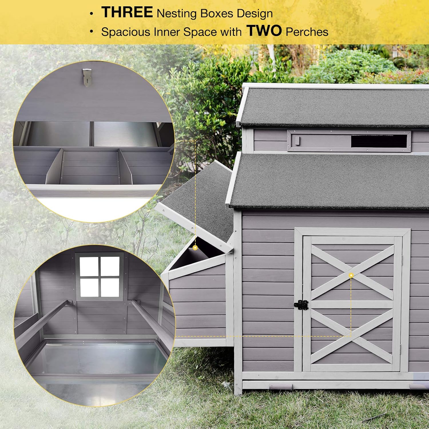 115in Chicken Coop Outdoor Large Hen House, Wooden Poultry Cage with Nesting Box, Run -4 Access Areas
