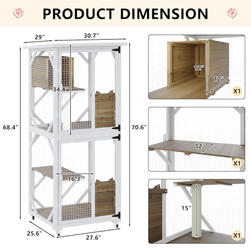 LEMBERI Cat House Outdoor Catio Cat Enclosures on Wheels, 71" Large Outside Patio Wooden Cat Cage Resting Box,Scratching Post, Waterproof Roof (Gray, 71")