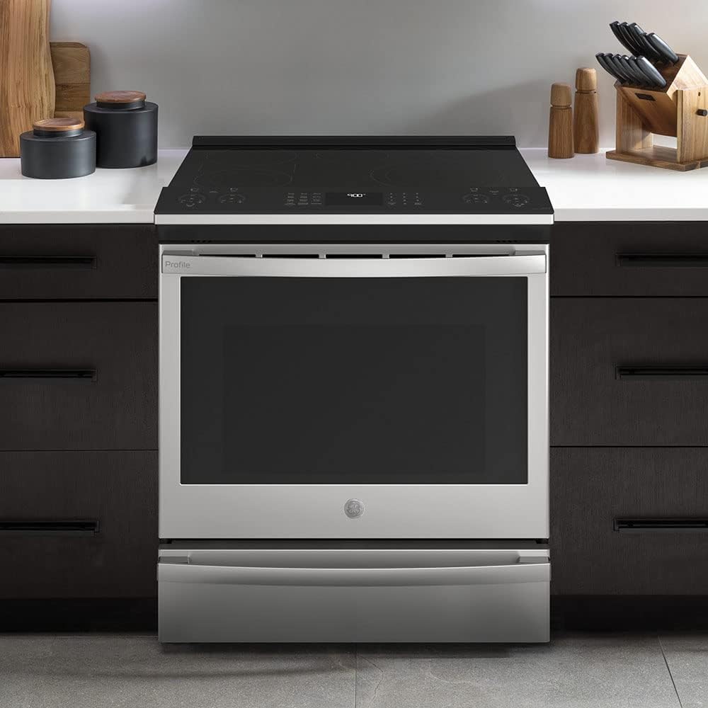 GE Profile PSS93YPFS 30" Slide-In Smart Electric Range with 4 Radiant Heating Elements, 5.3 Cu. Ft. True Convection Oven, Storage Drawer, WiFi, Self Clean with Steam Option,