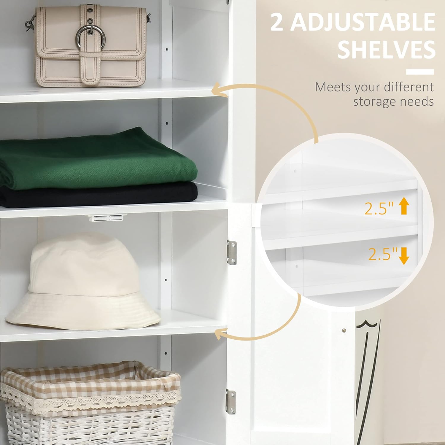 kleankin Bathroom Floor Storage Cabinet, Freestanding Linen Cabinet with Double Doors and 2 Adjustable Shelves, White