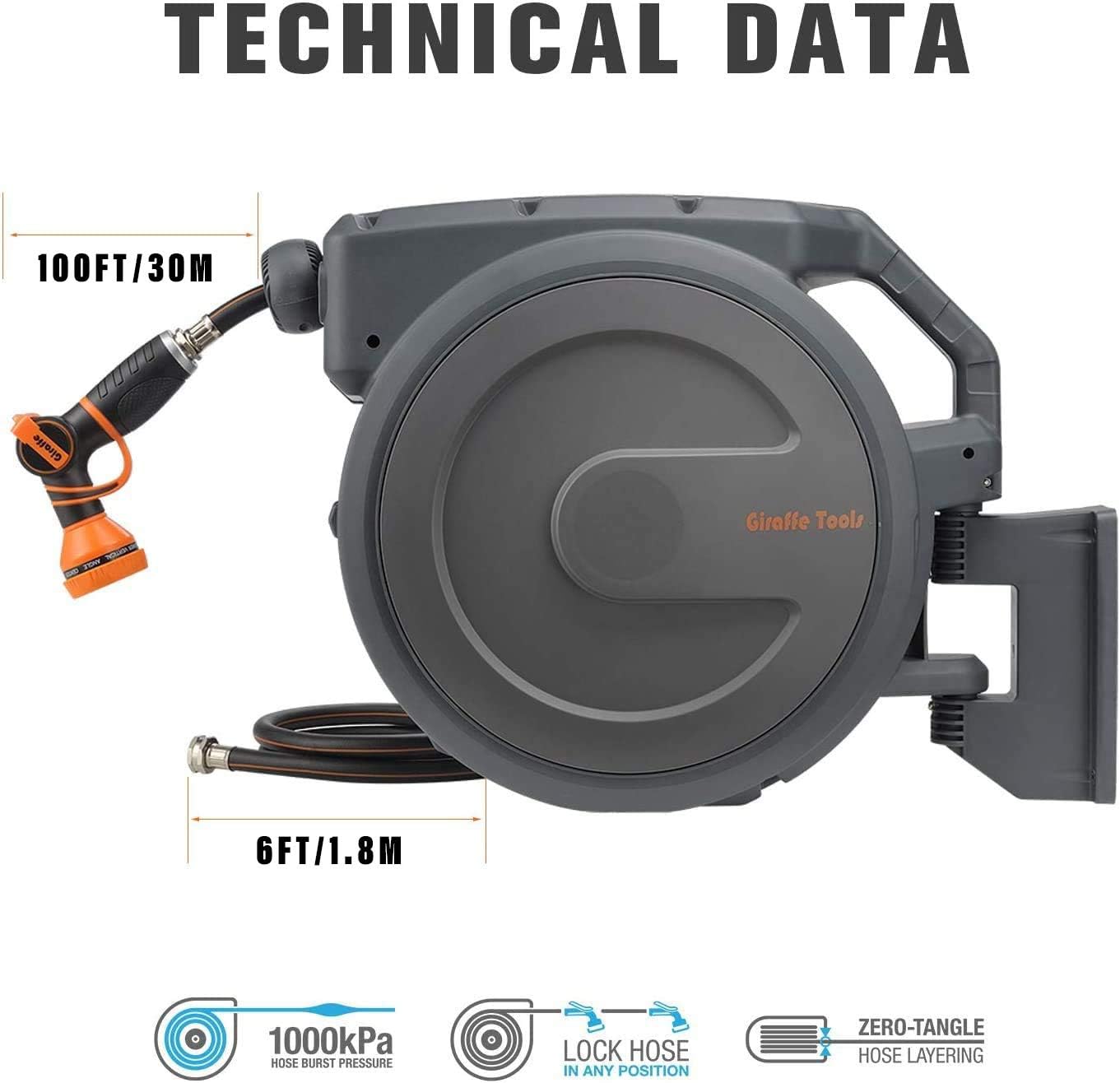 Giraffe Retractable Garden Hose Reel 1/2" 100ft with 9 Pattern Hose Nozzle, Wall Mounted Water Hose Reel Automatic Rewind with Any Length Lock and 180° Swivel Bracket