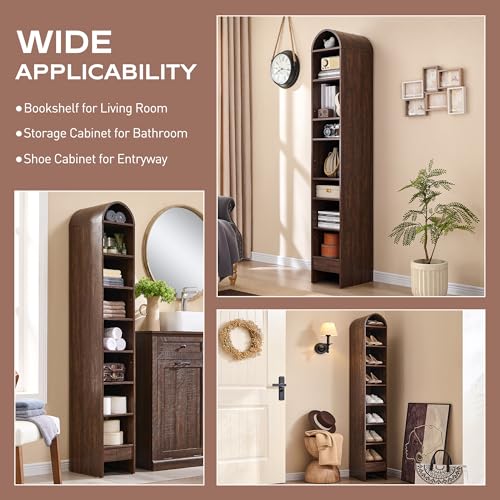 71" Tall Arched Bookshelf, 7 Tiers Arch Bookcase with Storage, Modern Farmhouse Book Shelf with Adjustable Shelves, Wood Bookshelf w/Open Display Shelves for Living Room, Office (Natural)