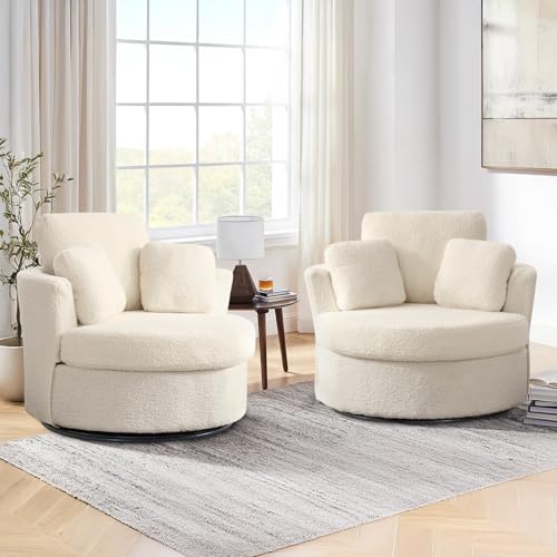 Chair and A Half with Ottoman, 360° Swivel Accent Barrel Chair Modern Comfy Round Reading Sofa Swivel Chairs Circle Lounge Chair for Bedroom Living Room w/4 Pillow Lower Seating Heigh (White, Large)