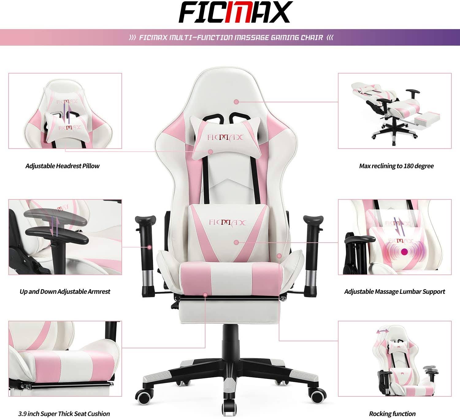 Ficmax Ergonomic Massage Gaming Chair with Footrest and Headrest (white/pink)