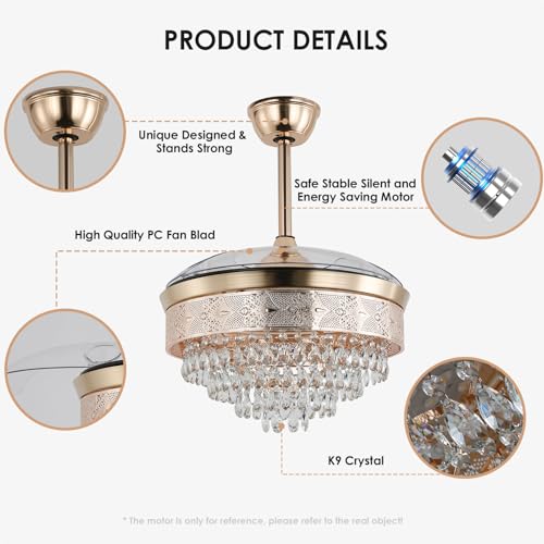 42'' Dimmable Fandalier Crystal Ceiling Fans LED Retractable Ceiling Fandeliers Chandelier with Light and Remote Ceiling Fan for Bedroom, APP & Memory Function, 6 Speeds