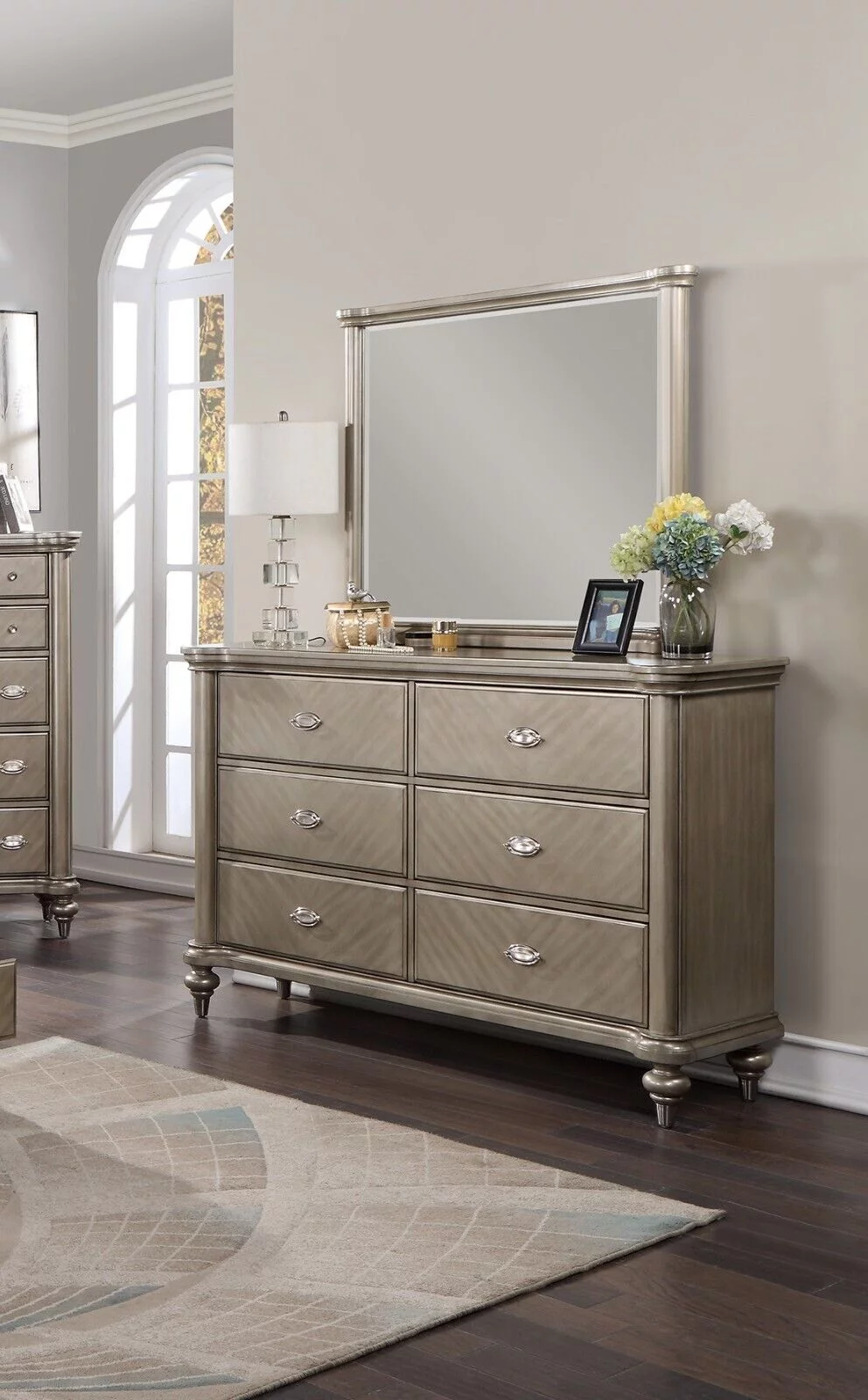 Bedroom Furniture 6pc Set Est King Size Bed w Storage Drawers FB Dresser Mirror Nightstands Chest Grey Wooden Classic HB FB
