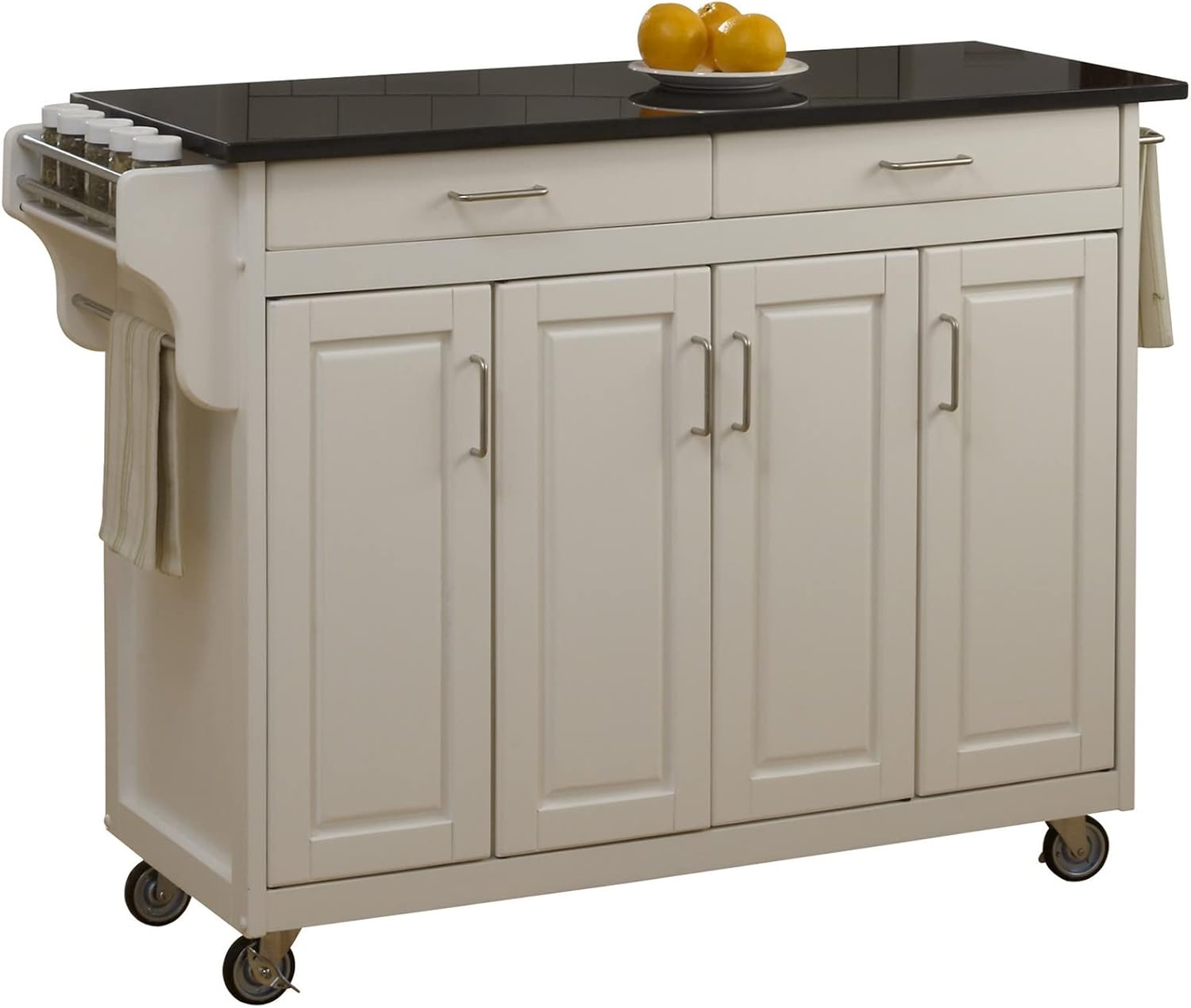 Home Styles Mobile Create-a-Cart White Finish Four Door Cabinet Kitchen Cart with Black Granite Top, Adjustable Shelving
