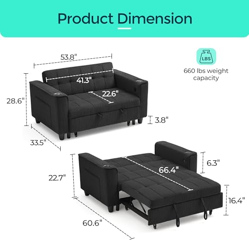 LINSY 3-in-1 Convertible Sofa Bed, 54" Pull Out Sleeper Sofa with Charging Station & Cup Holder, Small Folding Loveseat with Side Pocket for Small Space, Corduroy Couch, Green