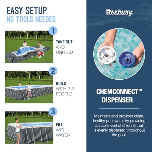 Bestway Power Steel 16' x 10' x 42" Rectangular Metal Frame Above Ground Swimming Pool Set with 1000 GPH Filter Pump, Ladder, and Pool Cover