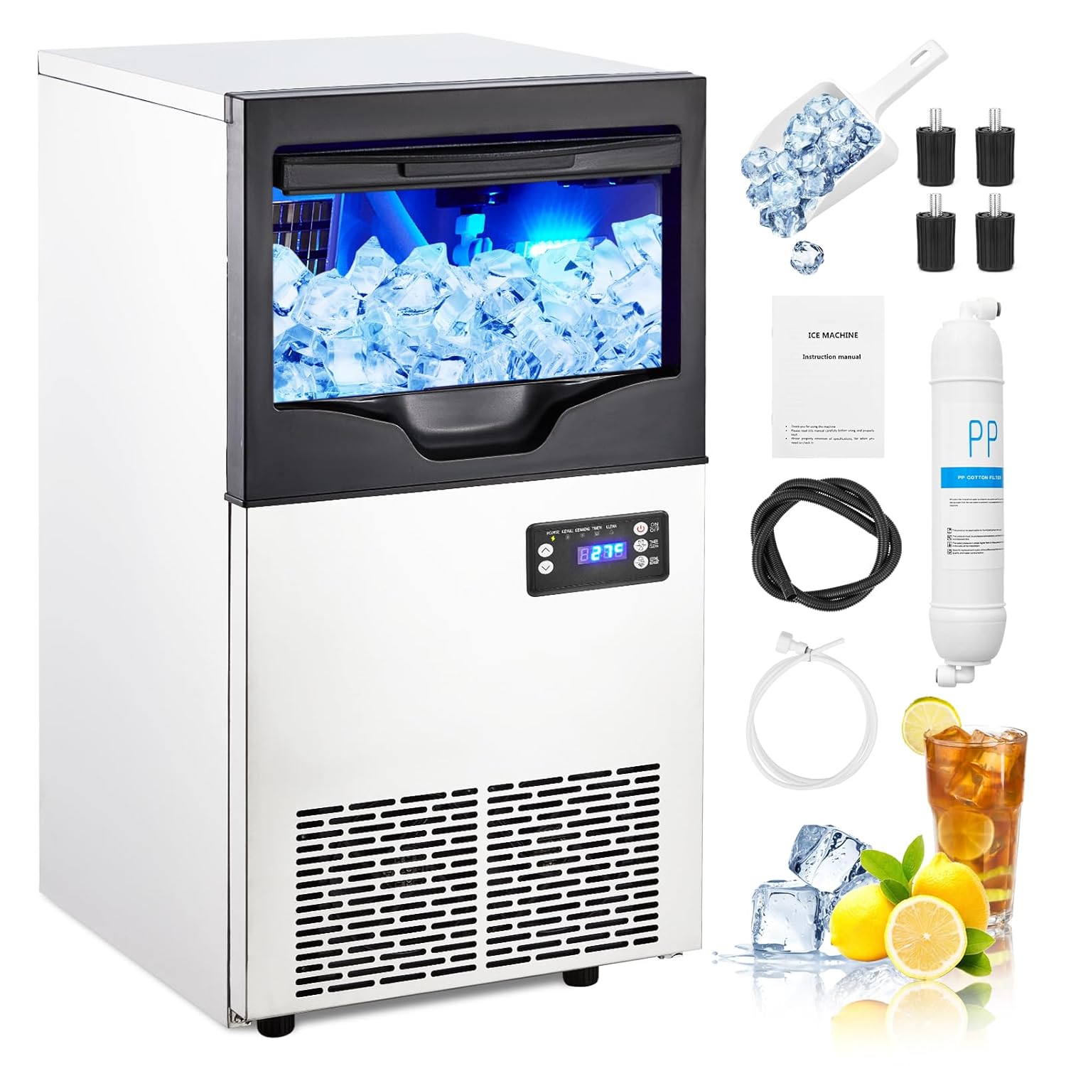 Commercial Ice Maker Machine 100LBS/24H, Stainless Steel Under Counter ice Maker Machine, 33LBS Ice Storage, LCD Controller, Self Cleaning, Large nugget Ice Maker for Restaurant/Bar/Cafe/Office