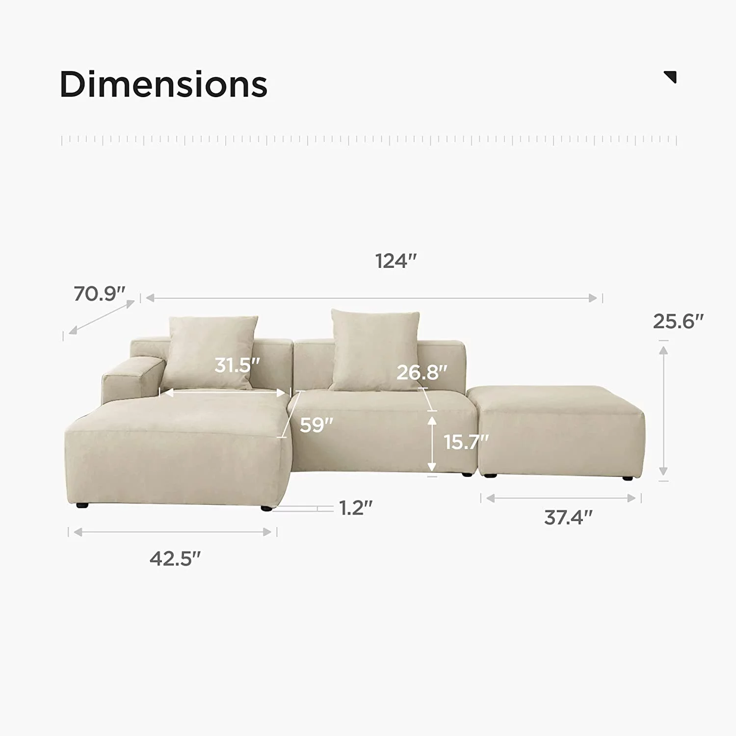 Acanva Luxury Modern Modular L-Shape Sectional Sofa Set  3 Seat Upholstered Couch with Chaise Lounge for Living Room Bedroom Apartment  Light Cream