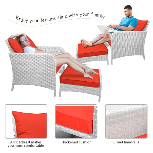 LEVELEVE Balcony Furniture 5 Piece Patio Conversation Set, PE Wicker Rattan Outdoor Lounge Chairs with Soft Cushions 2 Ottoman&Glass Table for Porch, Lawn-Brown Wicker