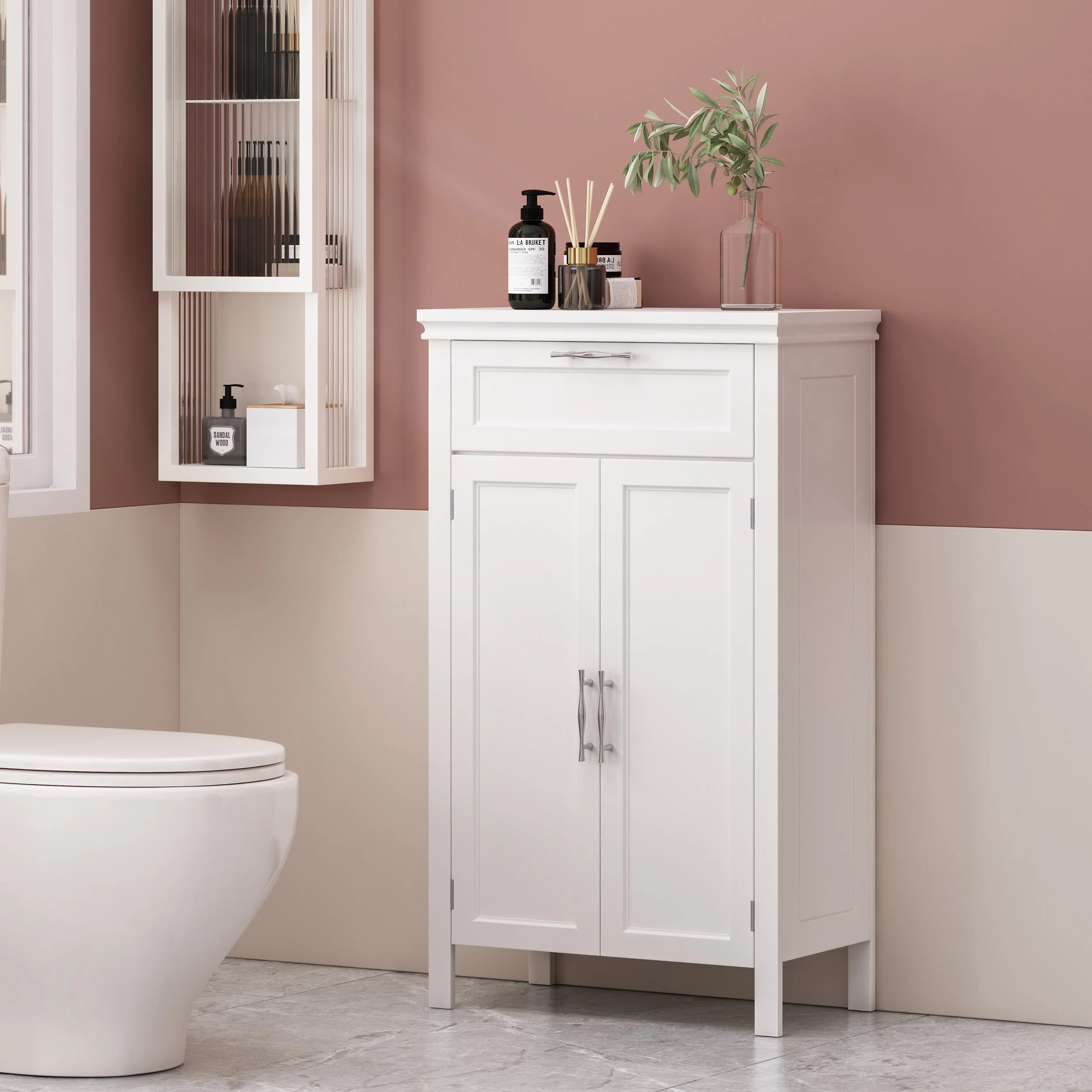 Christopher Knight Home Edgell  Manufactured Wood Bathroom 2 Door Floor Storage Cabinet with Drawer by  Grey