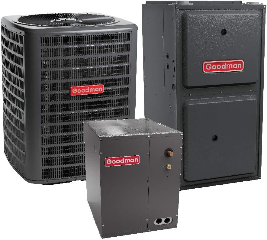Goodman 2.5 Ton 13 SEER Air Conditioner Model GSX130301, Cased Vertical Coil CAPF3030A6, 80,000 BTU 96% Efficiency Downflow, Horizontal Gas Furnace Model GCES960804CN
