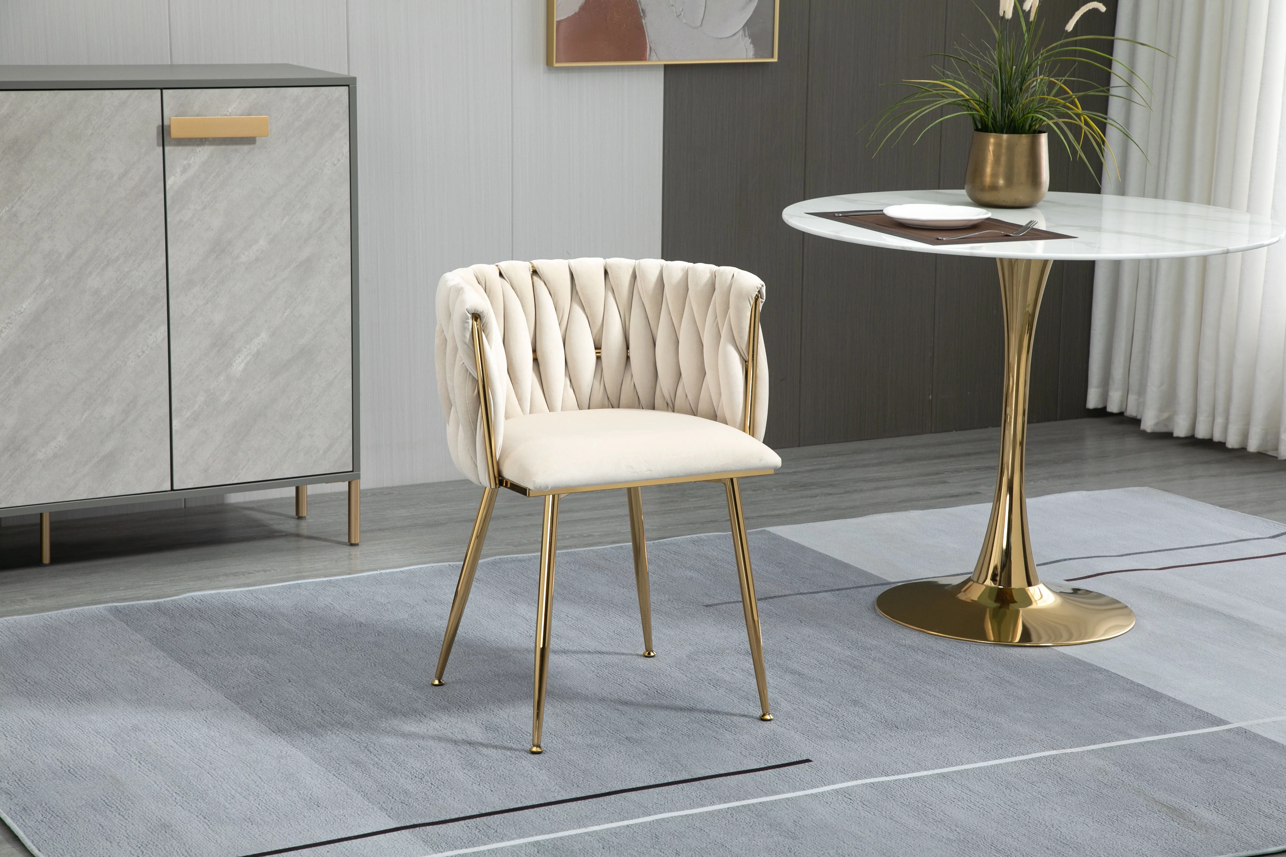 Tzicr Velvet Dining Chairs Set of 6, Modern Woven Upholstered Dining Chairs with Gold Metal Legs,Luxury Tufted Dining Chairs for Living Room, Bedroom, Kitchen (Beige)