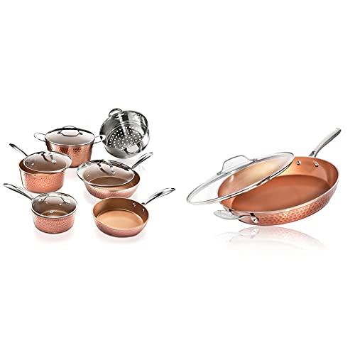 Gotham Steel Hammered Copper 10 Pc Pots and Pans Set Non Stick Cookware Set & Hammered Copper 12 Inch Nonstick Skillet, Aluminum