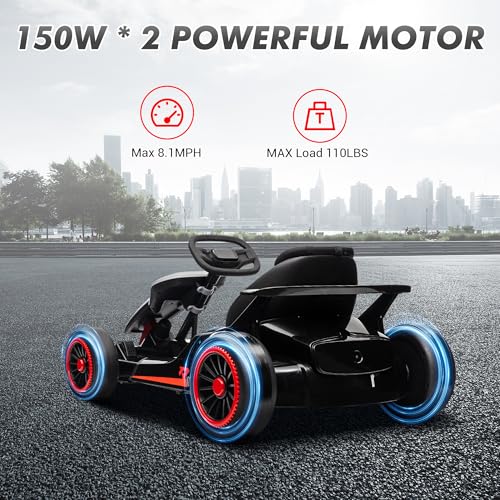 24V Electric Go Kart, Drifting Car Battery Powered Ride on Car with Powerful Motor for Kids 6-12 Years Old, Kids Go Kart with Slow Start, Music, Safety Belt,Max Load 110lbs for Boys and Girls