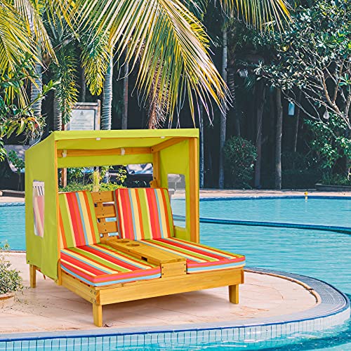 KOTEK Kids Lounge Chair Outdoor, Wood Double Chaise Lounge with Cup Holders, Removable Canopy & Stripped Fabric Cushions, Pool Kids Patio Furniture Cabana Lounger for Toddlers & Pets (Green+Orange)