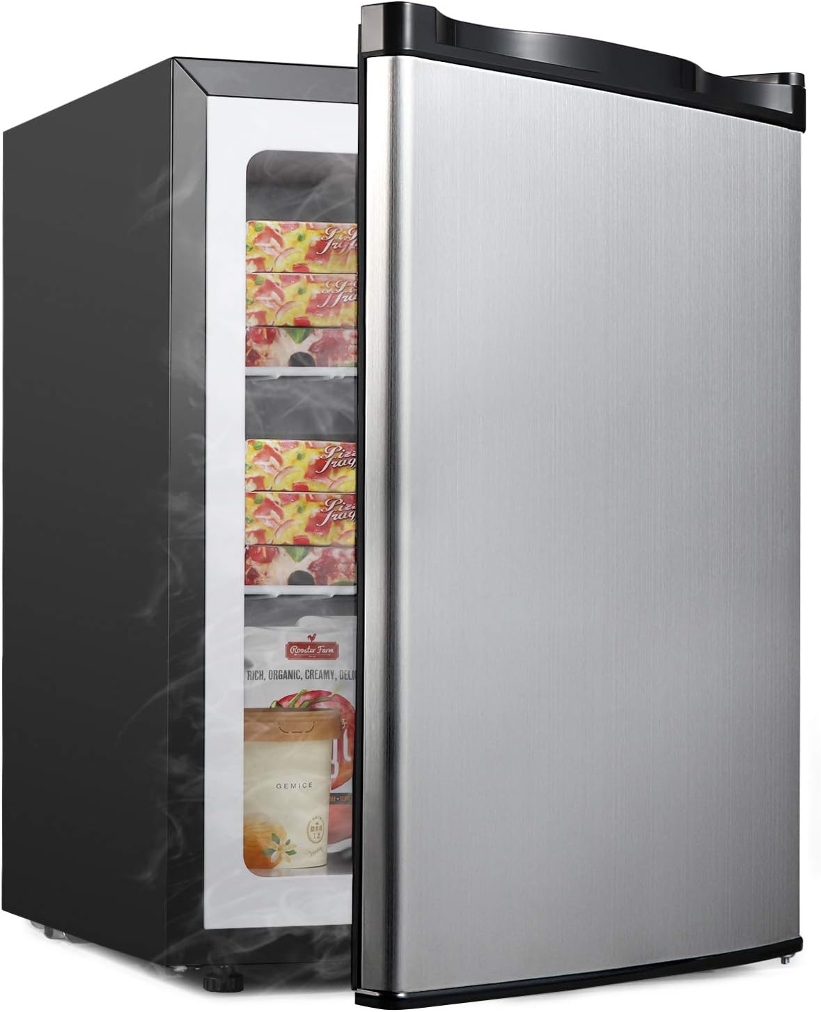 Upright Freezer - Compact Reversible Single Door Table Top Mini Freezer - Free Standing Freezing Machine with Removable Shelf for Office Dorm/Living Room/Apartment (Stainless-steel, 2.1 cu.ft)