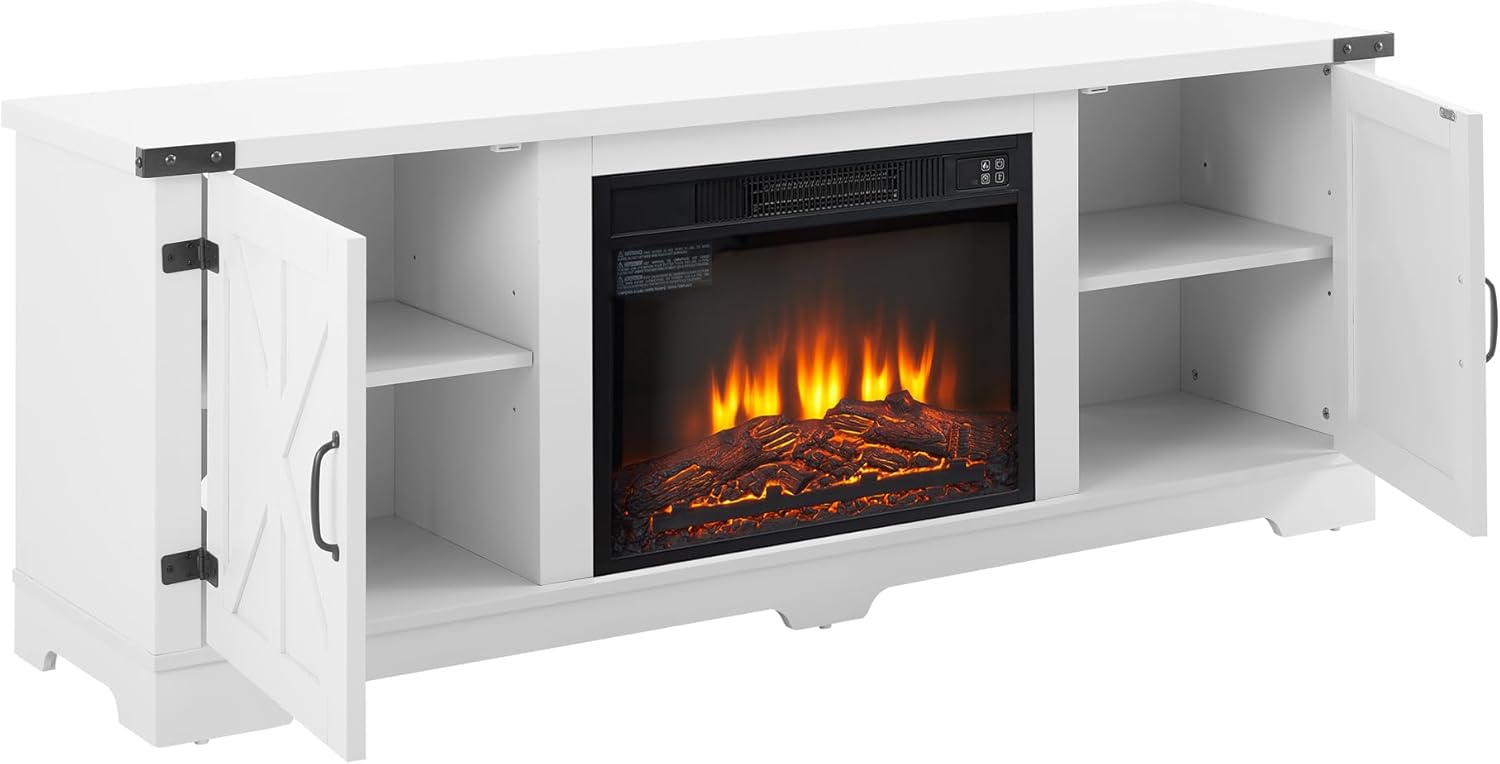 HOUAGI Modern Farmhouse Fireplace TV Stand, Large Barn Inspired Home Entertainment Console, with 23" Fireplace Insert, for TV Up to 70'', for Bedroom Living Room White