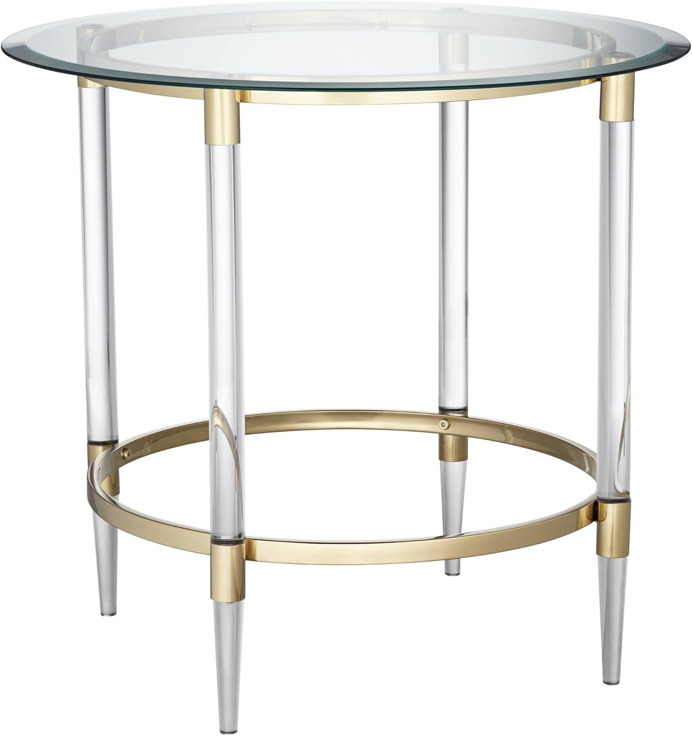 55 Downing Street Saarinen Modern Minimalist Glass Round Accent Side End Table 24 3/4" Wide Clear Gold Rings for Spaces Living Room Bedroom Bedside Entryway House Home Office Bathroom Decor