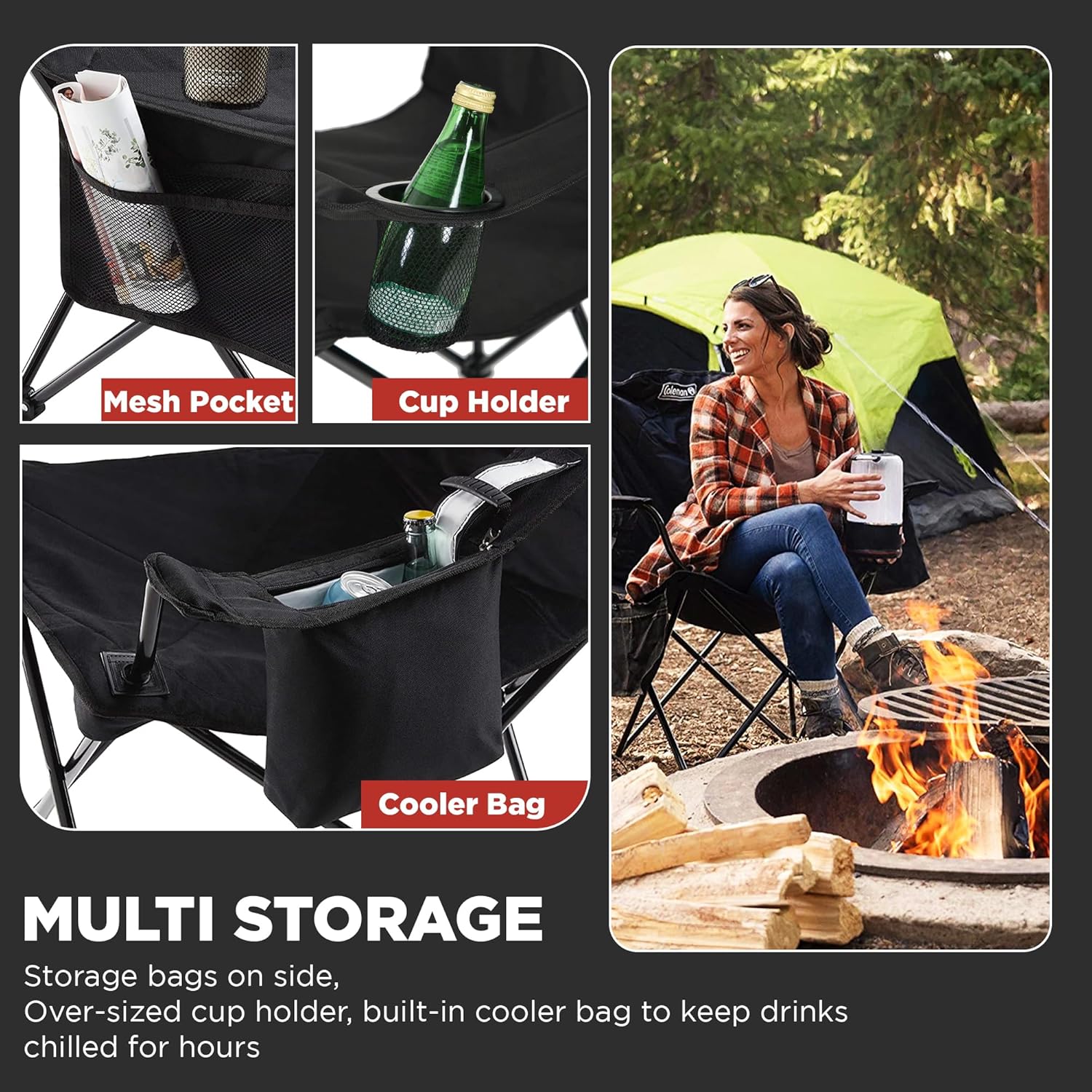 Coleman Carlsbad Dark Room Camping Tent with Screened Porch, 4/6 Person Tent Blocks & Camp Chair with 4-Can Cooler | Folding Beach Chair with Built in Drinks Cooler | Portable Quad Chair