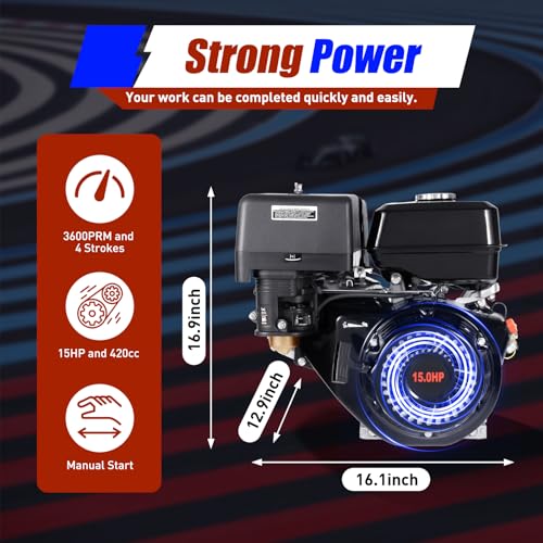 Gas Engine, 420CC Horizontal Gas Engine, 4 Stroke Single Cylinder Go Kart Gas Engine 15 HP OHV Low Noise Gas Engine Motor Recoil Start Gas Power for Water Pumps Vibrators Pressure Washers (Black)
