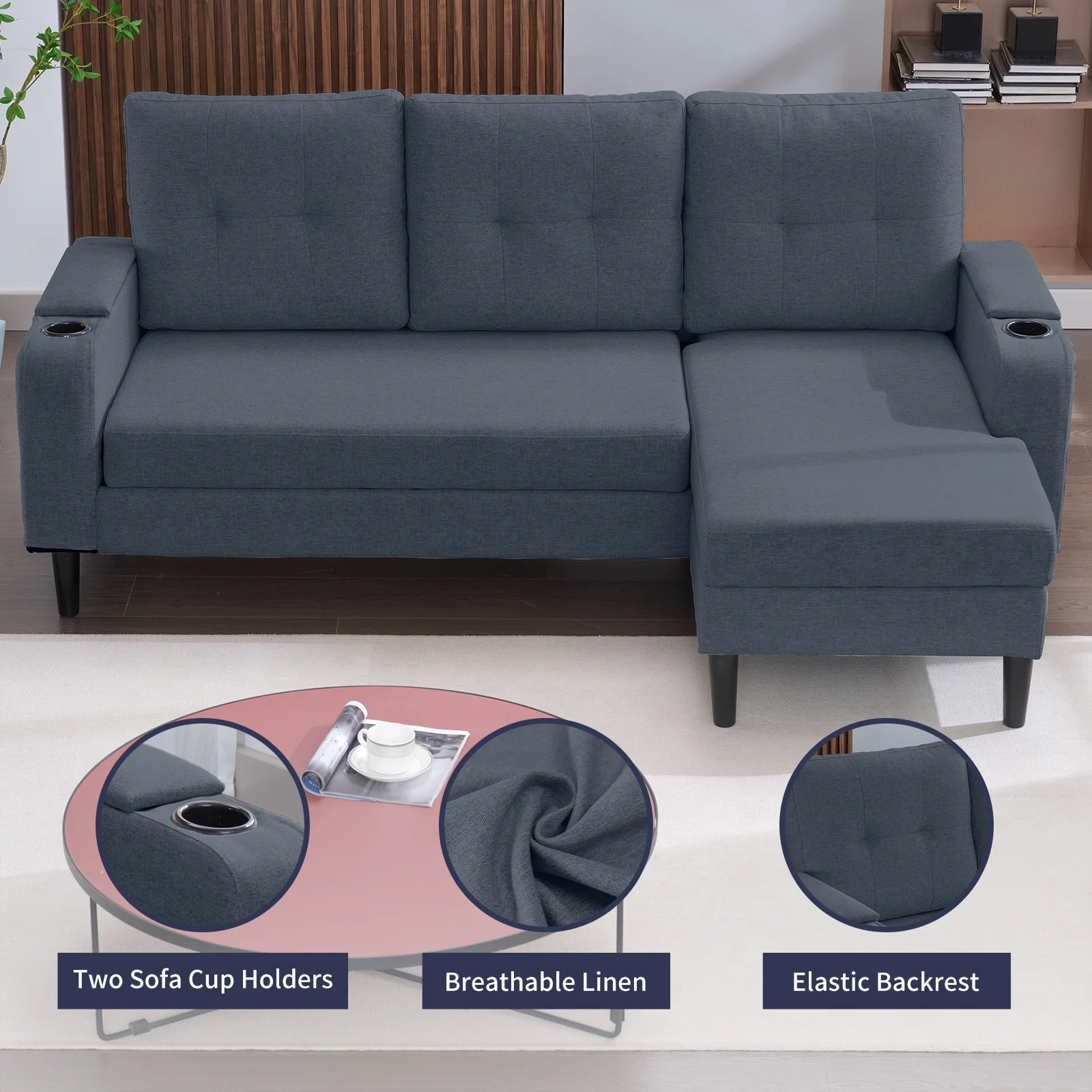 ijuicy Pull Out Sofa Bed, 3-Seat Pull Out Couch Bed with Linen Upholstered, 80” Sleeper Sofa with Storage Armrest & Cupholders, L-Shape Sectional Sleeper Sofa for Living Room, Apartment Dark Grey