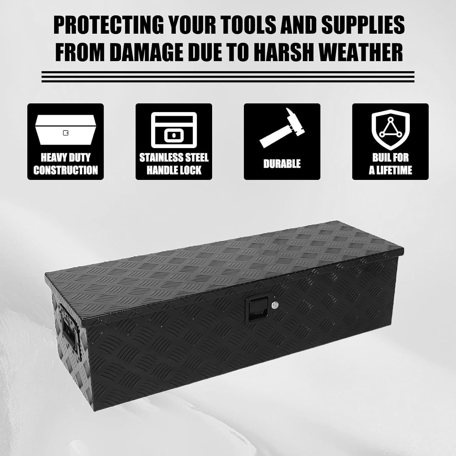 39" Heavy Duty Aluminum Stripes Plated Tool Box Pick Up Truck Bed RV Trailer Toolbox Storage Organizer with Side Handle, Lock and Keys - Black,ALL Black