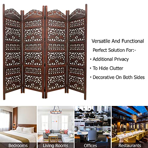 Room Divider Wood Screen - Ghanti Bells Antique Brown - 4 Panel Folding 72 x 80 - Assembled Hand Carved Decorative Functional Versatile Portable Partition Reversible Privacy Boho - COTTON CRAFT