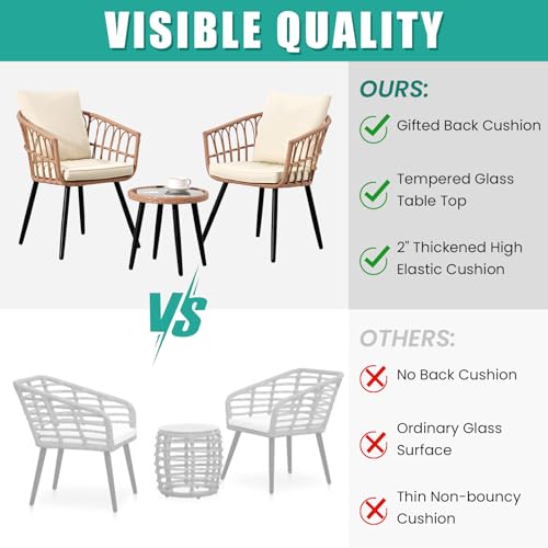 3 Pieces Patio Bistro Set, Outdoor Wicker Table and Chairs Set of 2, Rattan Balcony Furniture Set with Cushions for Front Porch Apartment Backyard Deck,Beige
