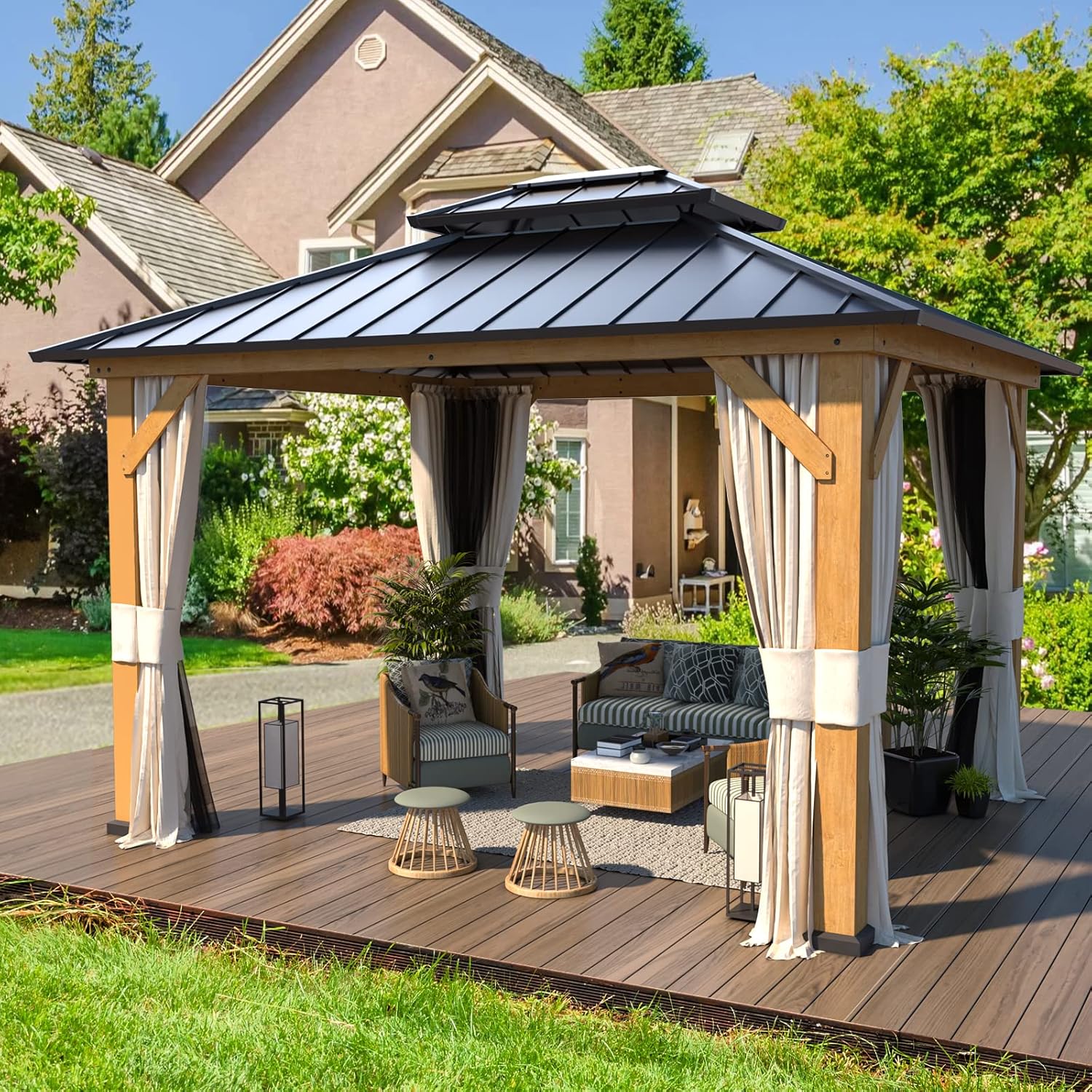 11' x 13' Solid Wood Gazebo, Hardtop Gazebo Plastic Sprayed Metal Roof Outdoor Gazebo Canopy Double Vented Roof Pergolas Wood Frame with Netting and Curtains for Garden, Patio, Lawns, Parties