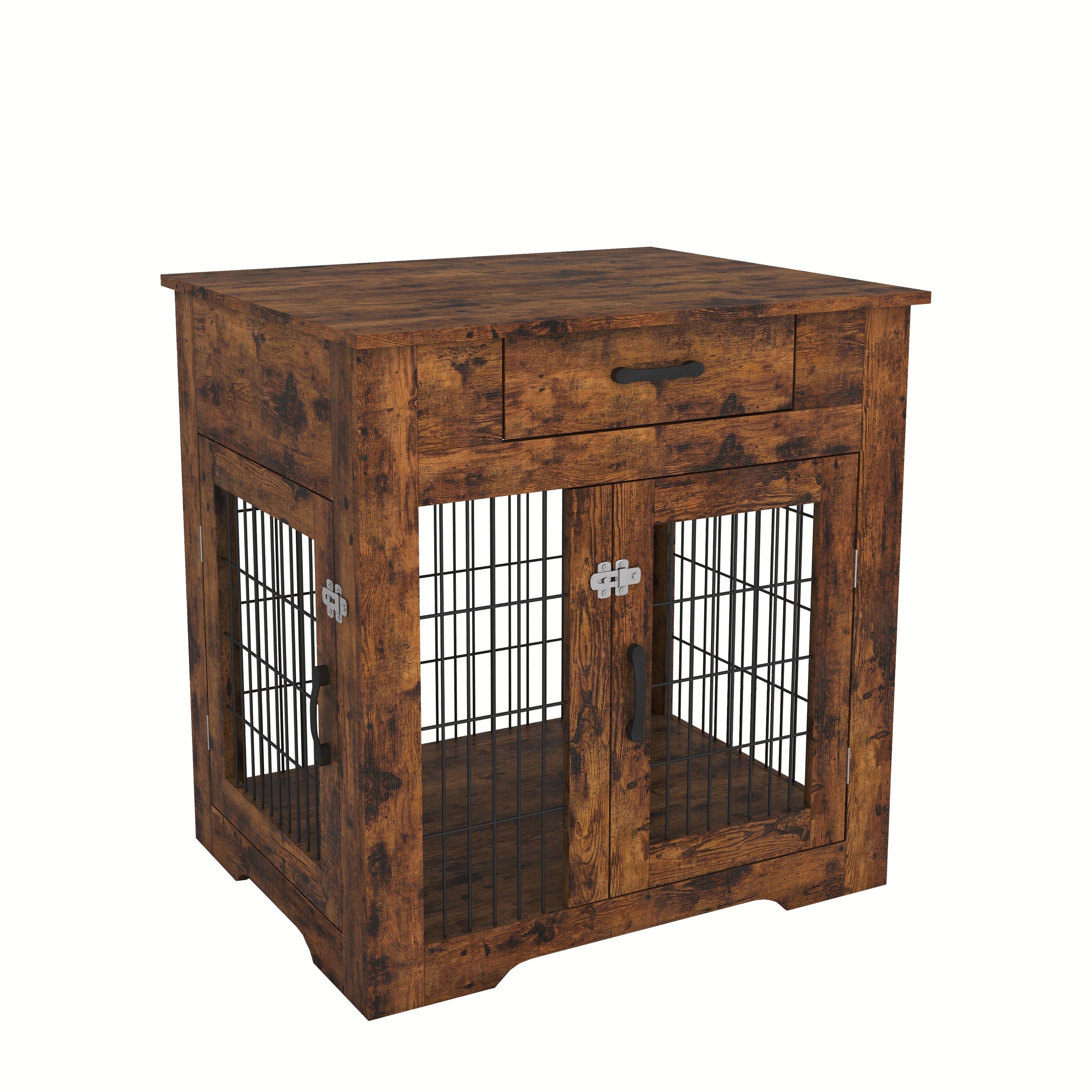 Dog Crate End Table with Drawer - Double Doors - Furniture Style Pet Kennel for Indoor Use Brown
