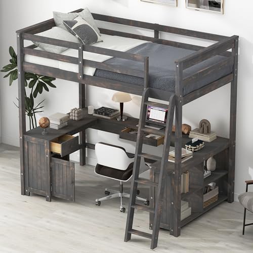 Harper & Bright Designs Full Size Loft Bed with Desk, Bookshelf, Solid Wood Loft Bed Frame with Storage Drawers and Bedside Tray, Charging Station (White)