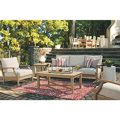 Signature Design by Ashley Carter Hall Outdoor Eucalyptus Patio Sofa with Cushion, Beige