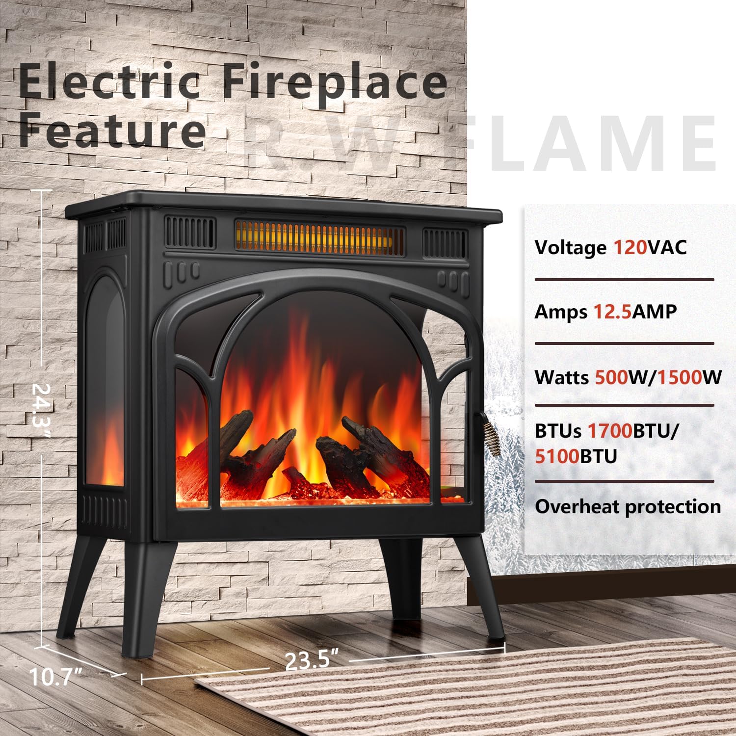 R.W.FLAME Electric Fireplace Heater 12 Flame Color, 25" Freestanding Fireplace Infrared Stove 1000W/1500W, 3D Realistic Flame Effects, Adjustable Brightness and Heating Mode, Overheating Safe Design