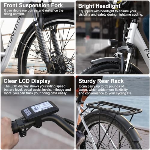 Electric Bike for Adults, 26" 1000W Peak City Cruiser Ebike, 21.7MPH 50 Miles Commuter Electric Bicycle with 48V 374.4WH Removable Li-ion Battery, Adjustable Stem, Rear Rack, Fenders, 7-Speed