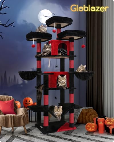 Globlazer Big Cat Tower for Indoor Cats, 80inch Cat Tower for Multiple Adult Cats XXL Cat Tree with Scratching Post, Hammock, 3 Perches, 2 Condos, 2 Hanging Basket, F80, Light Grey