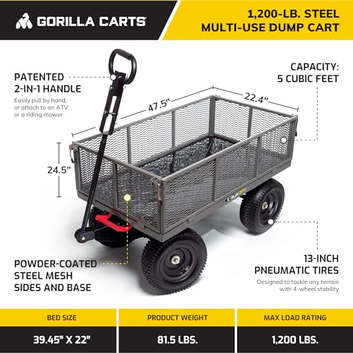 Gorilla Carts Steel Utility Wagon w/Removable Side Panels, 1200 lb Capacity, Gray - Outdoor Flatbed Cart with 39.45" x 22" Metal Mesh Bed and All-Terrain Wheels for Garden, Lawn & Landscaping
