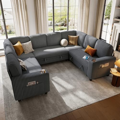 LINSY HOME Sectional Sleeper Sofa with Pull Out Couch Bed Convertible Plush Corduroy Cloud Couch with Storage Chaise & USB Charging, Comfy L Shaped Modular Couches for Living Room Apartment (Grey)