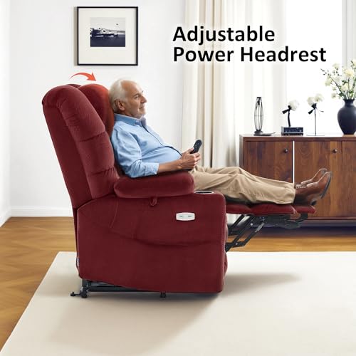 MCombo Large Triple Motor Power Lift Recliner Chair with Massage and Dual Heating, Adjustable Headrest for Tall Elderly People, Fabric 7634 (Grey, Large)