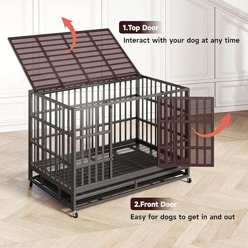48/42 Inch Heavy Duty Indestructible Dog Crate Steel Escape Proof, Indoor Double Door High Anxiety Cage, Kennel with Wheels, Removable Tray, Extra Large XL XXL