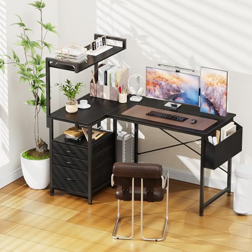 47 inch L Shaped Desk with 3 Fabric Drawers, Reversible Computer Desk with Top Shelf & Storage Shelf & CPU Stand for Home Office,Corner Gaming Desk Work Study Table for Gaming Writing,Black