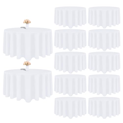 12 Pack White Round Tablecloth 120 Inch White Table Cloth Stain and Wrinkle Resistant Round White Tablecloths Reusable and Washable Polyester Fabric Table Covers for Buffet Wedding Party and Banquet