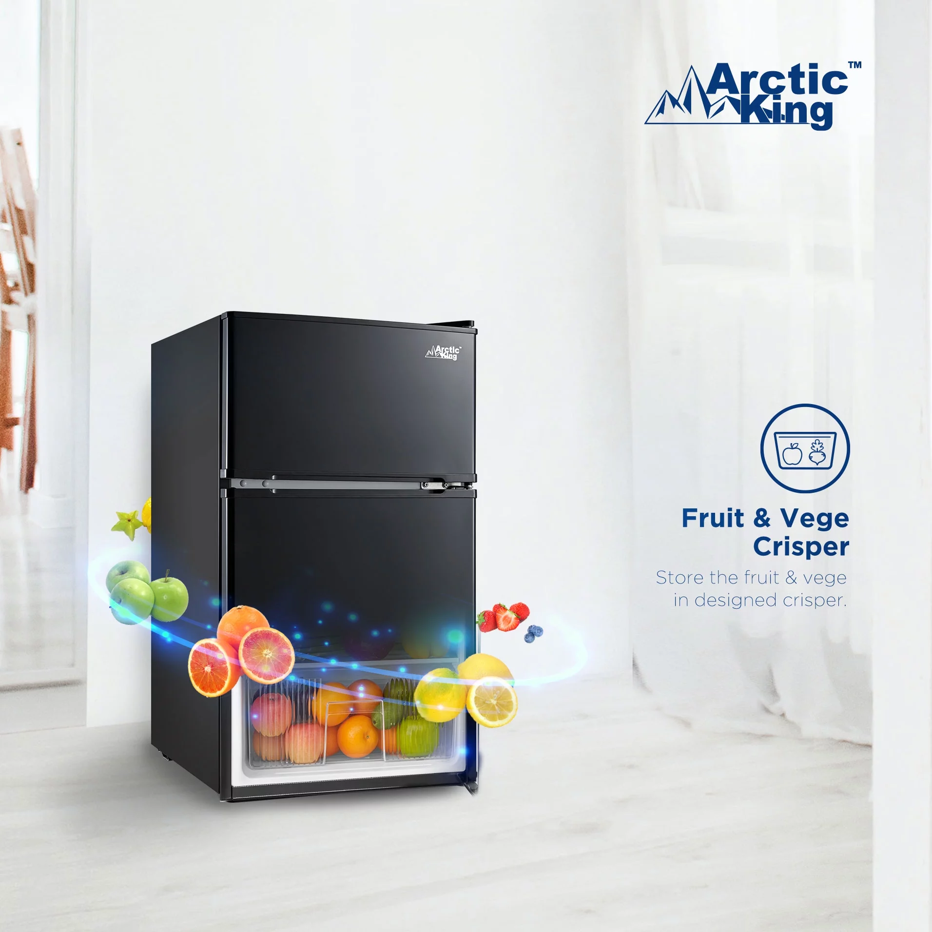 Arctic King 3.2 Cu ft Two Door Mini Fridge with Freezer, Black, E-Star, ARM32D5ABB