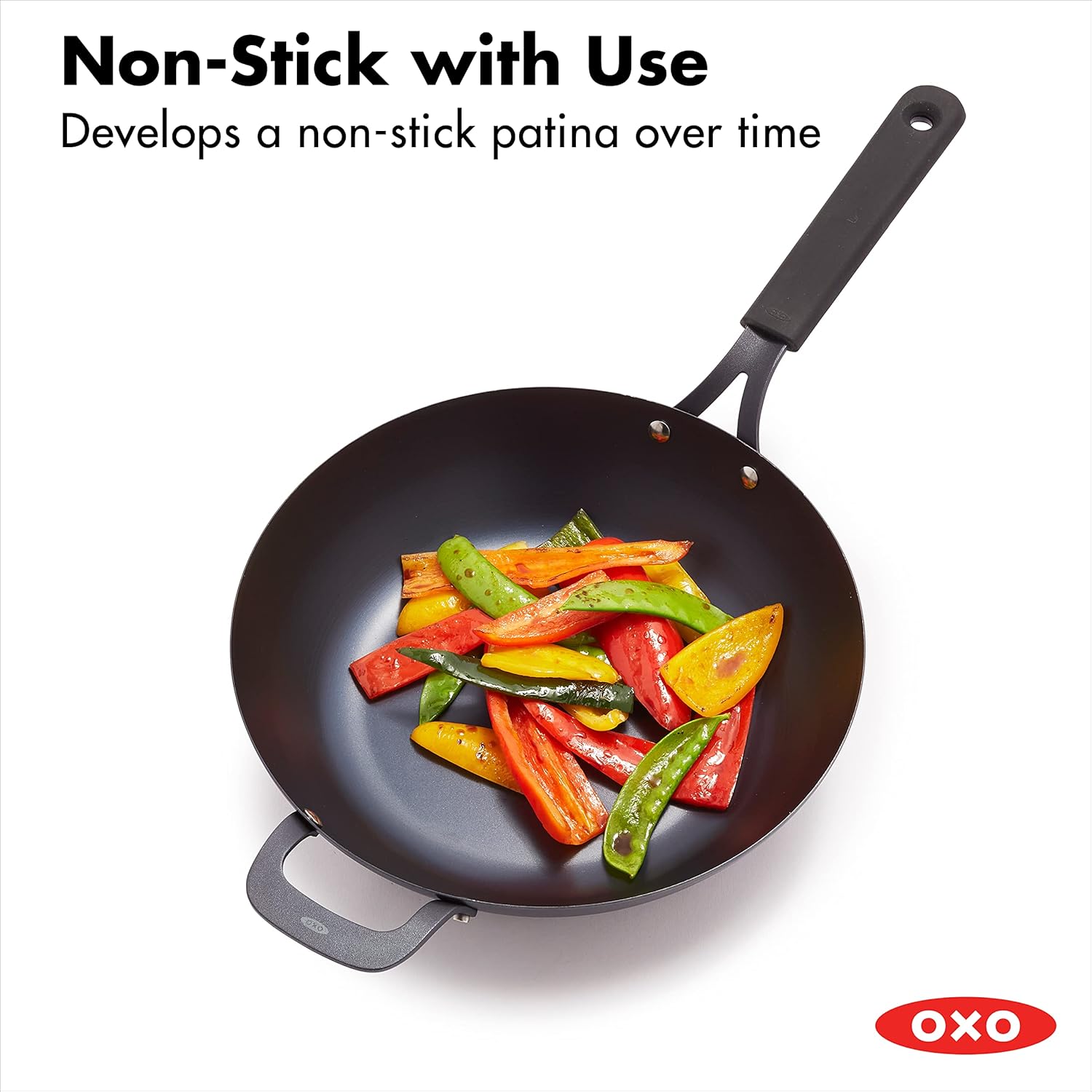 OXO Obsidian Pre-Seasoned Carbon Steel, 12" Wok Pan with Removable Silicone Handle Holder, Induction, Oven Safe, Black Pack of 2