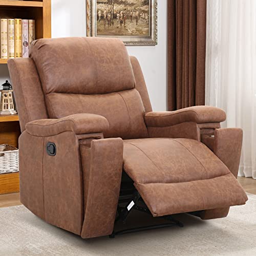 CANMOV Leather Recliner Chair, Classic and Traditional Manual Recliner Chair with Overstuffed Arms and Back, Manual Single Sofa with Concealed Cup Holders,Red Brown