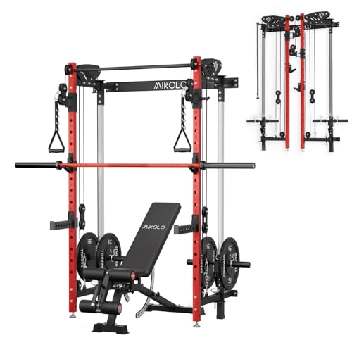 Mikolo Folding Squat Rack, Wall Mounted Power Rack with Cable Crossover Machine & LAT Pull Down, Functional Trainer with 5 Adjustable Function Modes, for Home Gym and Space Saving