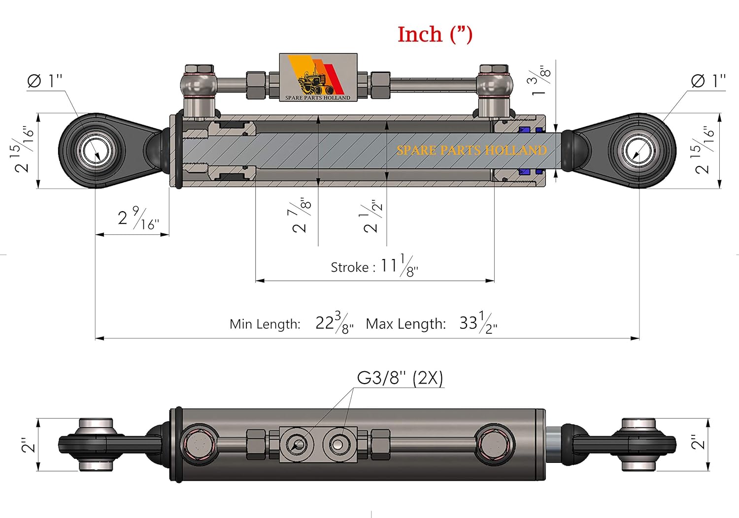 Hydraulic Top Link Cat. 2-2 with Locking Block 22 3/8” - 33 1/2 with 2 x Hose
